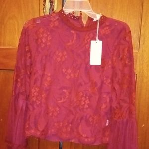 Peach burgundy lace top bell sleaves zipper back New with tags